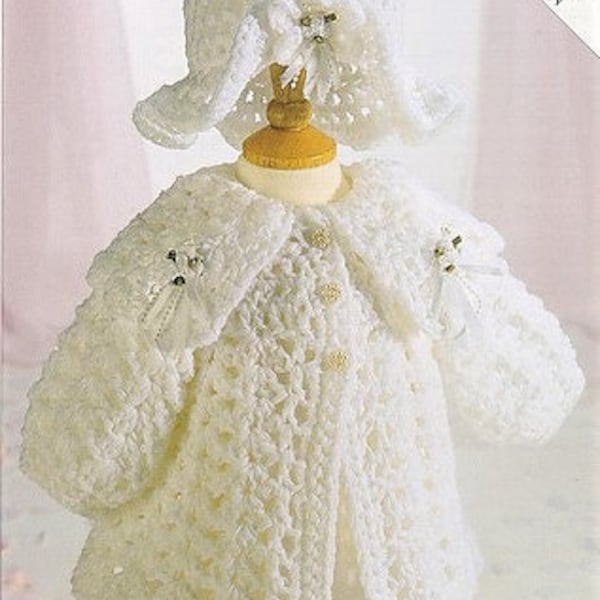 Vintage Crochet Pattern Baby Girl Fancy Flower Coat Jacket and Brimmed Hat Set PDF Instant Digital Download 0-12m DK 8 Ply