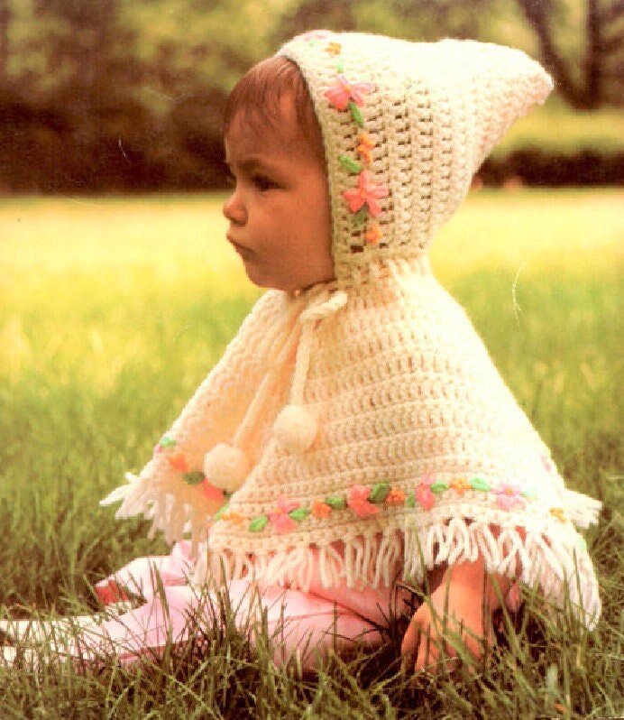 Vintage Crochet Precious Baby Girl Poncho With Hood Pattern Embroidered Flowers PDF Instant Digital Download Retro Hooded Girls Cape 12 18m Etsy
