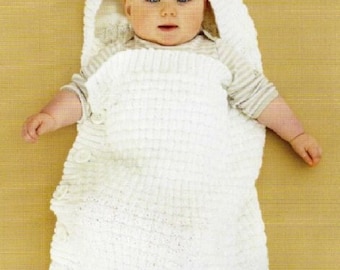 Vintage Knitting Pattern Baby Bunting Basketweave Sleeping Bag with Hood and Travel Blanket PDF Instant Digital Download 0-1 yr DK 8 Ply