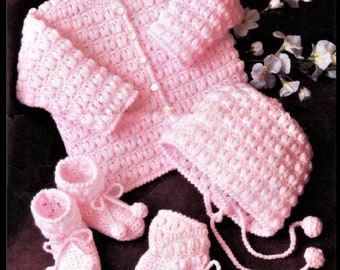 Vintage Crochet Pattern Baby Cluster Stitch 4 Piece Set Cardigan Jacket Hat Cap Booties Mitts PDF Instant Digital Download 0-2 yrs DK 8 Ply