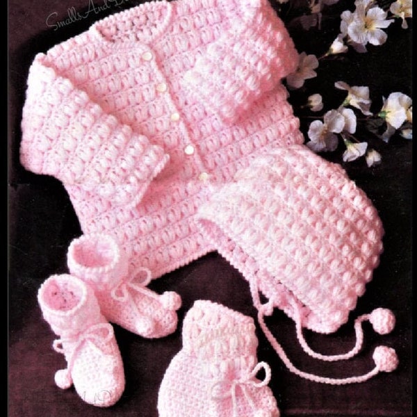 Vintage Crochet Pattern Baby Cluster Stitch 4 Piece Set Cardigan Jacket Hat Cap Booties Mitts PDF Instant Digital Download 0-2 yrs DK 8 Ply