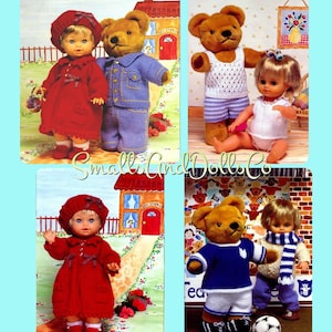 May include: Four images of knitted doll clothes. The first image shows a red dress and a blue denim outfit for a doll. The second image shows a white tank top and blue shorts for a doll. The third image shows a red coat and hat for a doll. The fourth image shows a blue and white football jersey and shorts for a doll.