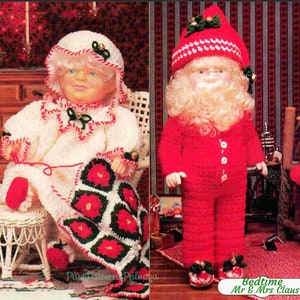 May include: Crochet pattern for a red and white Santa and Mrs. Claus doll set. The dolls are wearing pajamas and have a white beard and hair. The pattern is titled "Bedtime Mr. & Mrs. Claus".