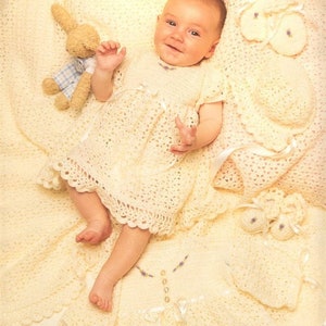 Vintage Crochet Pattern Baby Girl 5 Pc Lacy Layette Set PDF Instant Digital Download Jacket Dress Bonnet Bootees Mitts 0-6 months 3 Ply