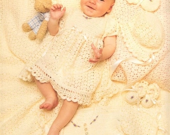 Vintage Crochet Pattern Baby Girl 5 Pc Lacy Layette Set PDF Instant Digital Download Jacket Dress Bonnet Bootees Mitts 0-6 months 3 Ply