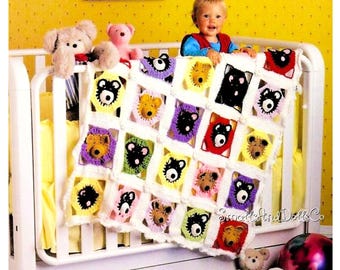 Vintage Crochet Pattern Sleepy Nosy Bears Squares Baby Afghan Animal Teddy Granny Square Blanket PDF Instant Digital Download 38x45 10 Ply