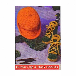 May include: A crocheted orange hunter cap and a pair of green and yellow duck booties. The caption reads "Hunter Cap & Duck Booties".