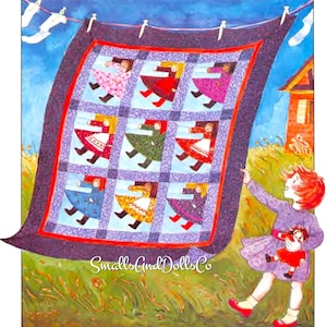 May include: A colorful quilt with a patchwork design featuring nine small dolls in different dresses. The quilt is hanging on a clothesline with a blue sky in the background. A girl in a purple dress is holding a doll and looking at the quilt.