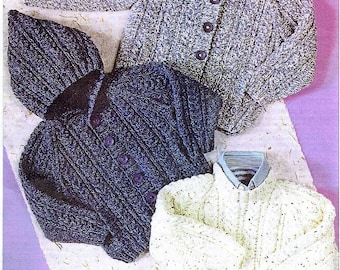 Vintage Knitting Pattern Toddler to Child Boy Aran Cardigan Sweaters Hooded Jackets PDF Instant Digital Download 18m - 10 Years 10 Ply