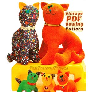 May include: A vintage PDF sewing pattern for stuffed cat toys. The image shows several colorful cat plushies, including a large orange cat and smaller green, yellow, and orange cats. The text reads "Purrfectly Lovable Cats" and "PastPatternsPalooza."