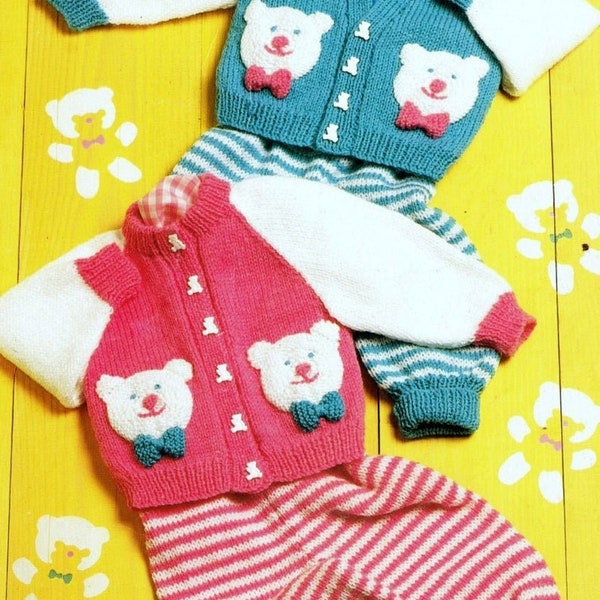 Vintage Knitting Pattern Baby Teddy Bear Face Motif Cardigan Sweater & Striped Leggings Set PDF Instant Digital Download 0-3 yrs DK