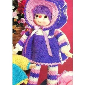Vintage Crochet Pattern 17&quot; Plum Cute Yarn Head Doll Sunbonnet PDF Instant Digital Download Retro 1980s Yarn Hair 4 Ply