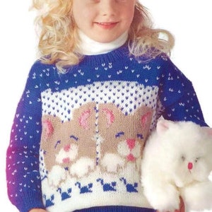 Vintage Knitting Pattern Child Girls Sleepy Kitty Cats Pullover Sweater PDF Instant Digital Download Animal Jumper Fair Isle 4 6 8 Yrs 5 Ply