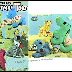 May include: A vintage sewing pattern for making plush dog toys. The pattern includes instructions for making a terrier, a bulldog, a poodle, a calico canine, a basset hound, and a terry pooch. The pattern is titled "Make Your Own Christmas Toys".