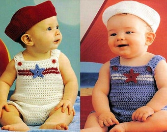 Vintage Crochet Pattern Baby Stars Sailor Suit Sunsuit Overalls Romper Hat Outfit Set PDF Instant Digital Download 9-12 months 5 Ply