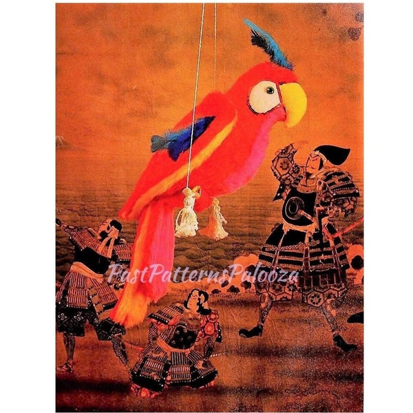 Vintage Sewing Pattern 24" Macaw Parrot Faux Fur Fabric Soft Sculpture Plush Toy PDF Instant Digital Download Tropical Bird Doll on Perch