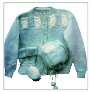 Vintage Knitting Pattern Baby Owl Cardigan Sweater Hat Booties Set PDF Instant Digital Download 6-12 m 4 Ply