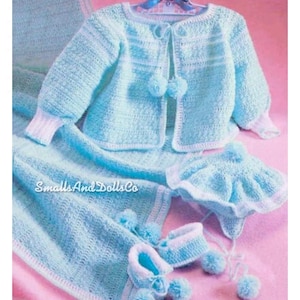 Vintage Crochet Pattern Cute Baby PomPom Layette Set PDF Instant Digital Download Sweater Tam Hat Booties Afghan Blanket Boy or Girl 3-6m