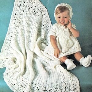Vintage 60s Crochet Pattern Baby Crocheted Shawl Dress & Bonnet Set PDF Instant Digital Download Lacy Daisy Design Christening Baptism 0-9m image 1