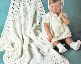 Vintage des années 60, motif au crochet pour bébé, robe châle au crochet et ensemble bonnet PDF Téléchargement numérique instantané Lacy Daisy Design baptême baptême 0-9 m