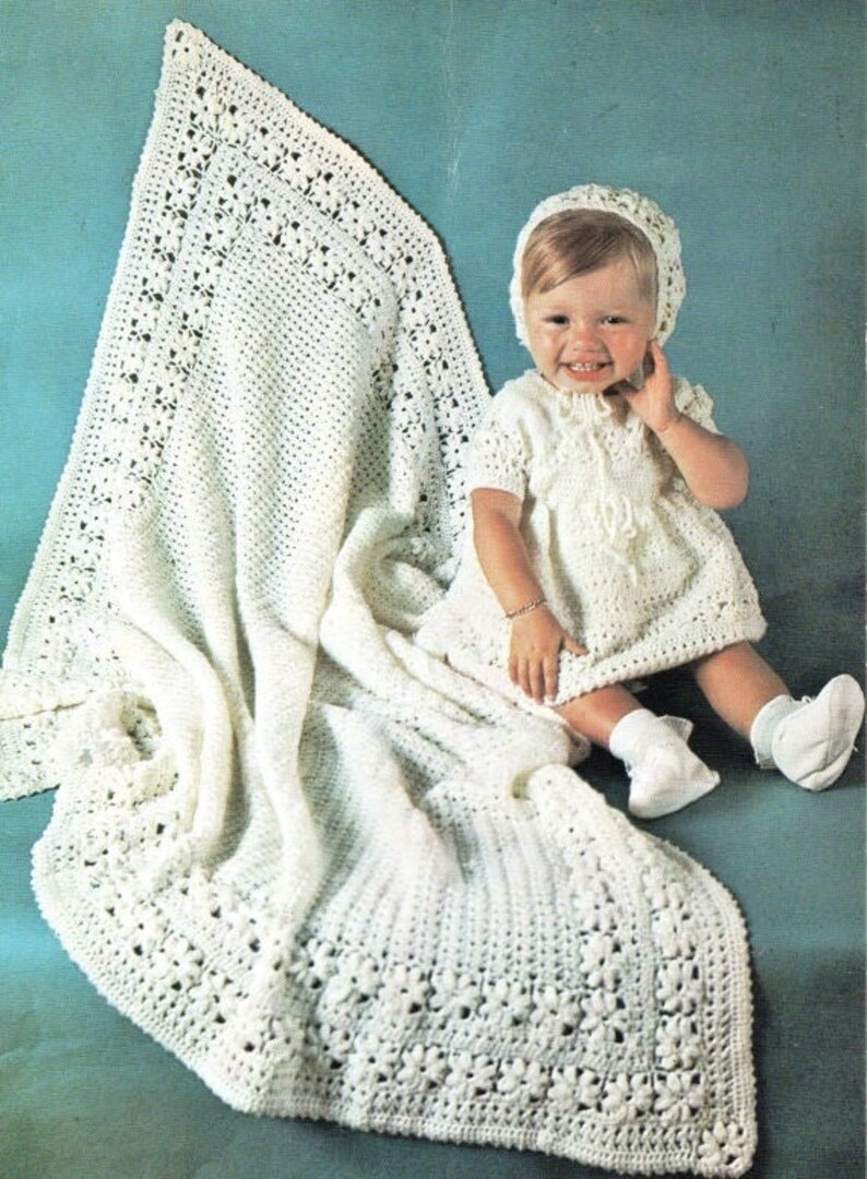 Vintage 60s Crochet Pattern Baby Crocheted Shawl Dress & Bonnet Set PDF Instant Digital Download Lacy Daisy Design Christening Baptism 0-9m image 1