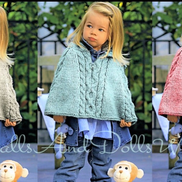 Vintage Knitting Pattern Baby Girl Toddler Cable Poncho Hooded Cape PDF Instant Digital Download 6m-2 years Garter Stitch 12 Ply