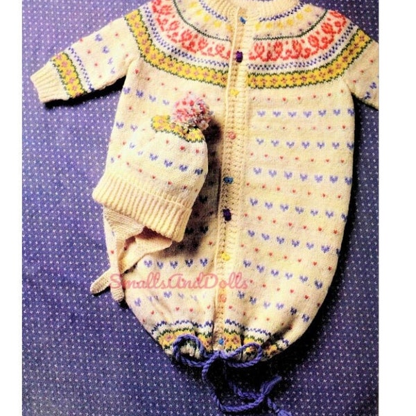 Vintage Knitting Pattern Knit Fair Isle Baby Bunting Sleeping Bag with Pompom Hat PDF Instant Digital Download 0-6m 5 Ply