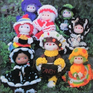 Motifs au crochet vintage 30,5 cm bonbon câpres et amis fil de tête poupées tenues PDF téléchargement numérique instantané 16 modèles rétro des années 1980 4 plis