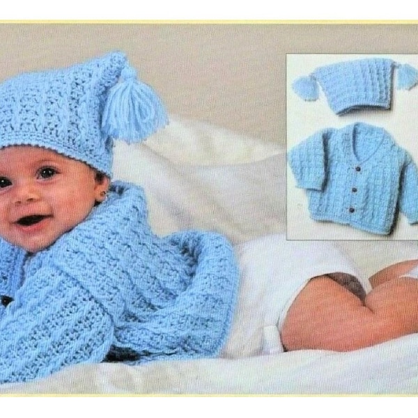 Vintage Crochet Pattern Baby Cabled Cardigan Sweater and Tasseled Hat Set PDF Instant Digital Download Cable Twist 6-12m 5 Ply