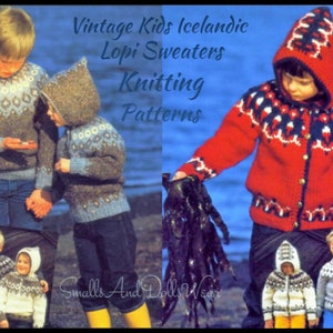 Könnte beinhalten: Vintage Strickmuster für isländische Lopi-Pullover für Kinder. Die Muster zeigen farbenfrohe geometrische Designs und Pullover mit Kapuze.