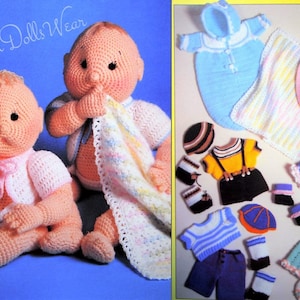 May include: A crochet pattern book featuring a variety of crocheted baby clothes and dolls. The book cover features two crocheted dolls, one wearing a pink cardigan and the other wearing a blue blanket. The book title is "Smalls And Dolls Wear".