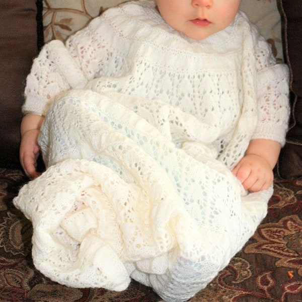 Vintage Knitting Pattern Baby Christening Dress and Bonnet Lacy Snowdrops PDF Instant Digital Download 3-6m 4 Ply