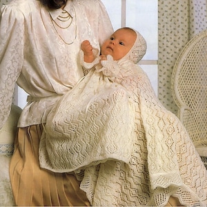 Vintage Knitting Pattern Knit Baby Diamond Lace Christening Dress Bonnet Shawl Set PDF Instant Digital Download Baptism Knitted 2 Ply 0-6m