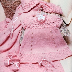 Vintage Knitting Pattern Baby Rosebud Layette Set Matinee Jacket Dress Bonnet Booties Mittens Shawl PDF Instant Download Newborn to 6m 4 Ply