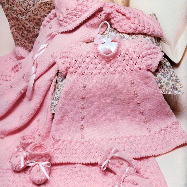 Vintage Knitting Pattern Baby Rosebud Layette Set Matinee Jacket Dress Bonnet Booties Mittens Shawl PDF Instant Download Newborn to 6m 4 Ply