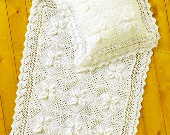 Vintage Knitting Pattern Lacy Raised Leaf Baby Blanket & Pillow Cover Set PDF Instant Digital Download Square Pram Cot Carriage Cover DK