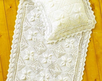 Vintage Knitting Pattern Lacy Raised Leaf Baby Blanket & Pillow Cover Set PDF Instant Digital Download Counterpane Pram Cot Cover DK