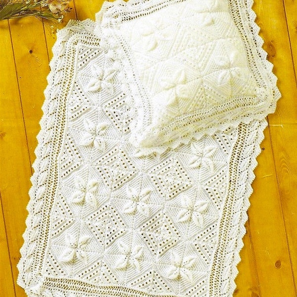 Vintage Knitting Pattern Lacy Raised Leaf Baby Blanket & Pillow Cover Set PDF Instant Digital Download Square Pram Cot Carriage Cover DK