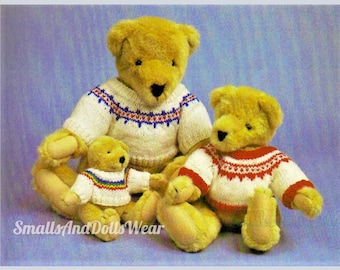 Vintage breipatroon trui voor 3 maten teddyberen Fair Isle Yoke pullover PDF Instant Digitale Download 5-laags