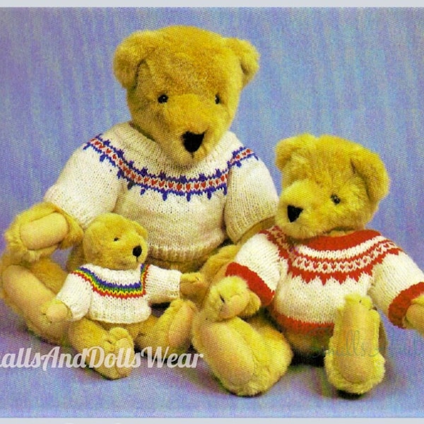 Vintage Knitting Pattern Sweater for 3 Size Teddy Bears Fair Isle Yoke Pullover PDF Instant Digital Download 5 Ply