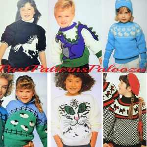 May include: A collection of six vintage knitting patterns for children's sweaters. The sweaters feature various animal designs, including a horse, dinosaur, cat, and sheep. The patterns are printed on paper and include instructions for knitting the sweaters.