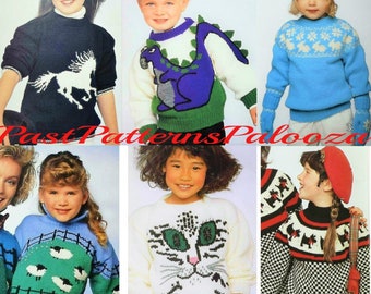 Vintage Knitting Pattern Childs Kids Knit Animal Sweaters PDF Instant Digital Download Dinosaur Sheep Cat Face Scottie Dog Jumper 10 Ply