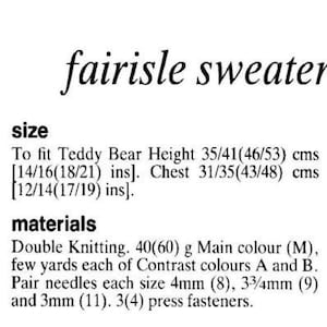Vintage Knitting Pattern Teddy Bear Sweater Knit Fair Isle Jumpers Clothes For 14 16 18 21 Inch Toy Bears PDF Instant Digital Download DK image 2