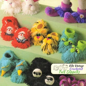 May include: A collection of colorful, handmade children's slippers in various animal designs. The slippers include a red clown, yellow lion, blue monster, and black panda. The image also features text that reads "Kids Vintage Crocheted Fun Slippers."