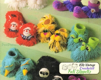 Vintage Crochet Patten Childs Kids Bunny and More Slippers Fuzzy Animals Monster Clown Designs PDF Instant Digital Download 10 Ply