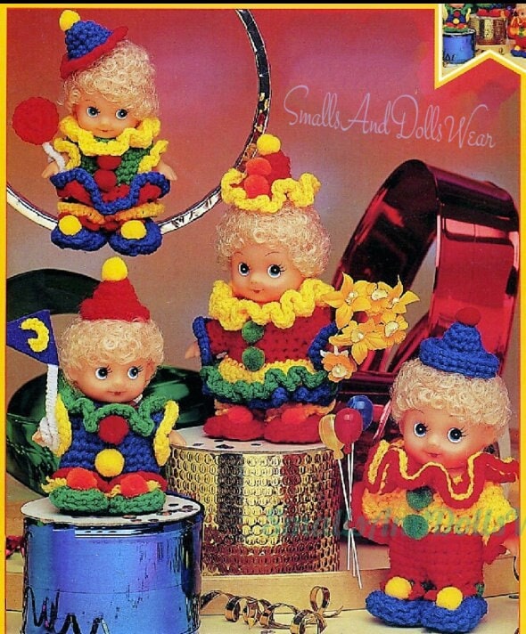 37 Clown Crochet Patterns to Add Color, Character, and Circus Charm 3 Vintage Crochet Pattern Circus Clown Doll Clothes for 4"