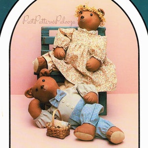 May include: Two brown teddy bears wearing clothes. The bear on the left is lying down with a basket beside it. The bear on the right is sitting on a blue bench wearing a floral dress. The image has the text "Past Patterns Palooza" at the top.