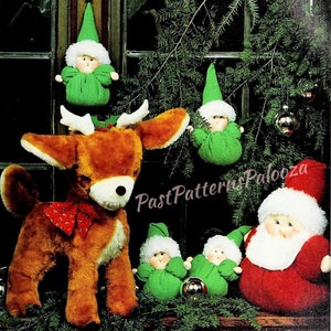 Vintage Christmas Sewing Pattern 18&quot; Plush Santa Reindeer 9&quot; Elves Soft Stuffed Toy Dolls PDF Instant Digital Download Sewn Holiday Softies