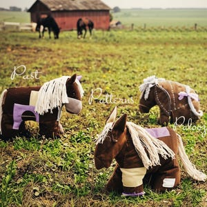 May include: Three brown plush horse toys with white manes and tails, and purple and cream-coloured accents, in a field. The text "Past Patterns Palooza" is written in cursive across the image.