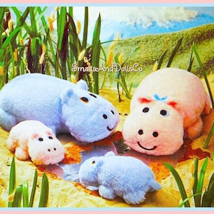 Vintage Sewing Pattern Cuddly Hippo Family Soft Toy Dolls Plush Faux Fur Fabric PDF Instant Digital Download Stuffed Hippopotamus Animals